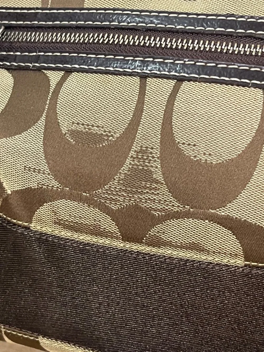 Coach Signature Khaki & Brown Crossbody Bag With Adjustable Strap & Zip Closure
